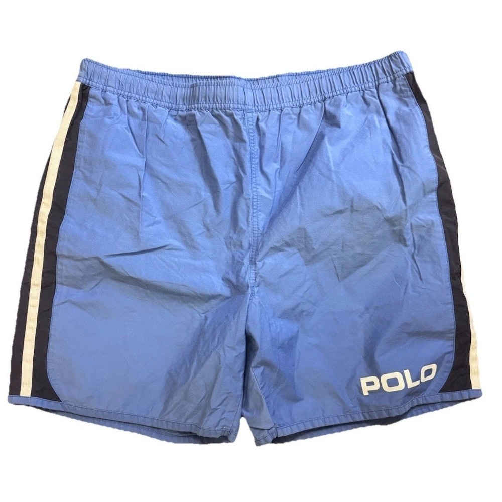 VTG Polo Sport Ralph Lauren Nylon Swim Trunks XL Blue/Navy white side stripes.